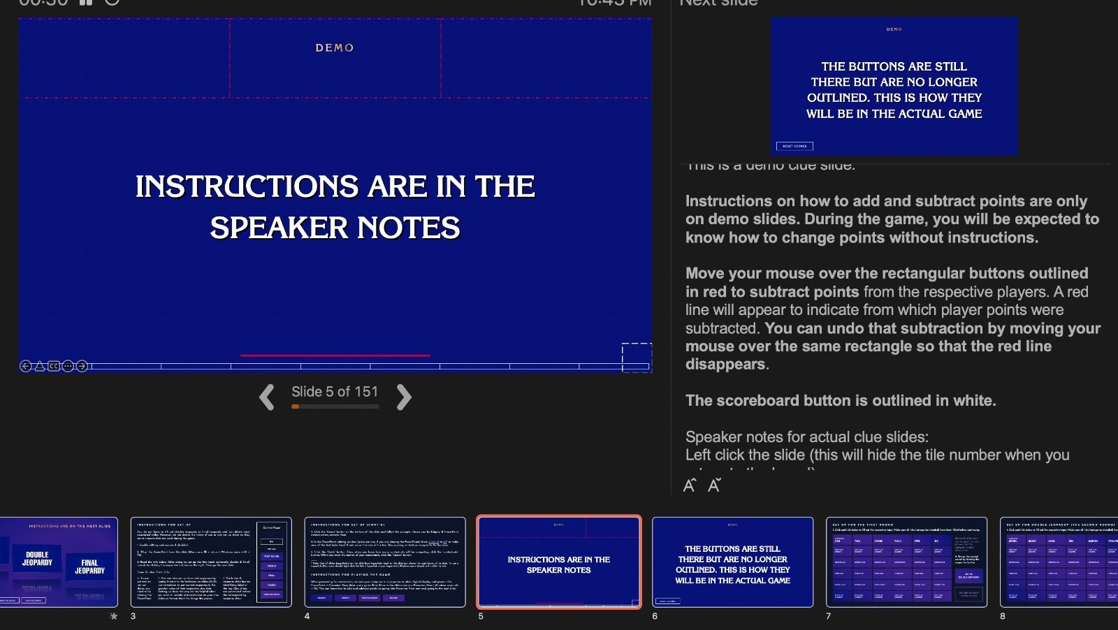 Practically Design Jeopardy PowerPoint Template presenter view with speaker note instructions