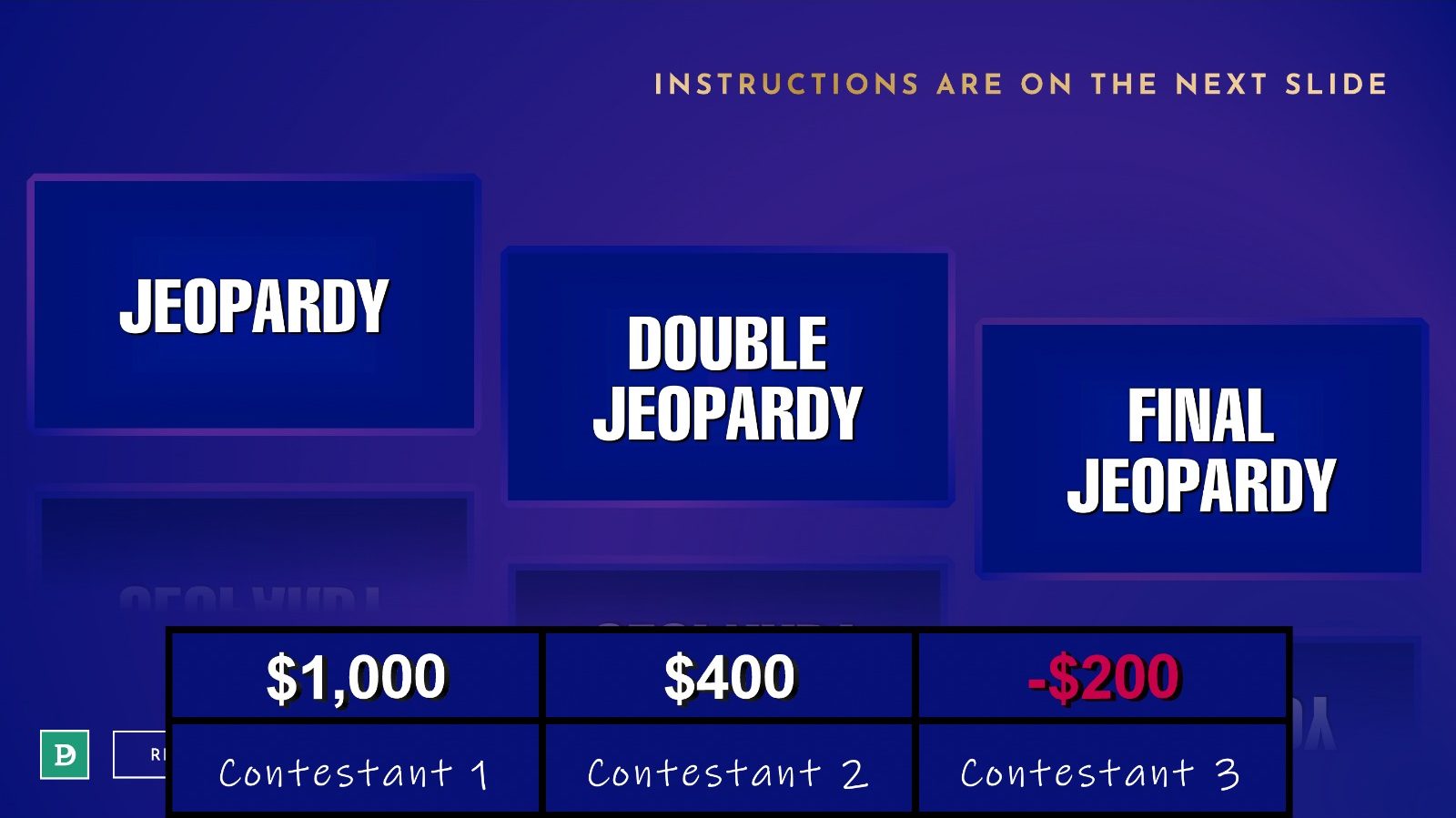 Practically Design Jeopardy PowerPoint Template menu with scoreboard